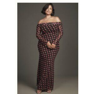 AFRM Long-Sleeve Off-The-Shoulder Mesh Maxi Dress Polka Dot 2X